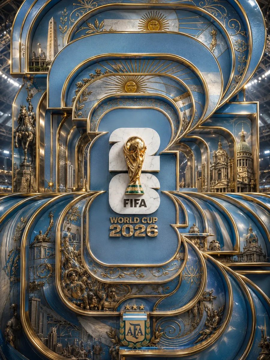 超豪华2026年世界杯海报,由互锁弧形面板和几何框架构成的宏伟分层装饰派艺术建筑,居中放置的世界杯奖杯镶嵌在大型雕刻的"26"字样上,优质蓝白大理石和黄金金属饰面,复杂的金色花丝…