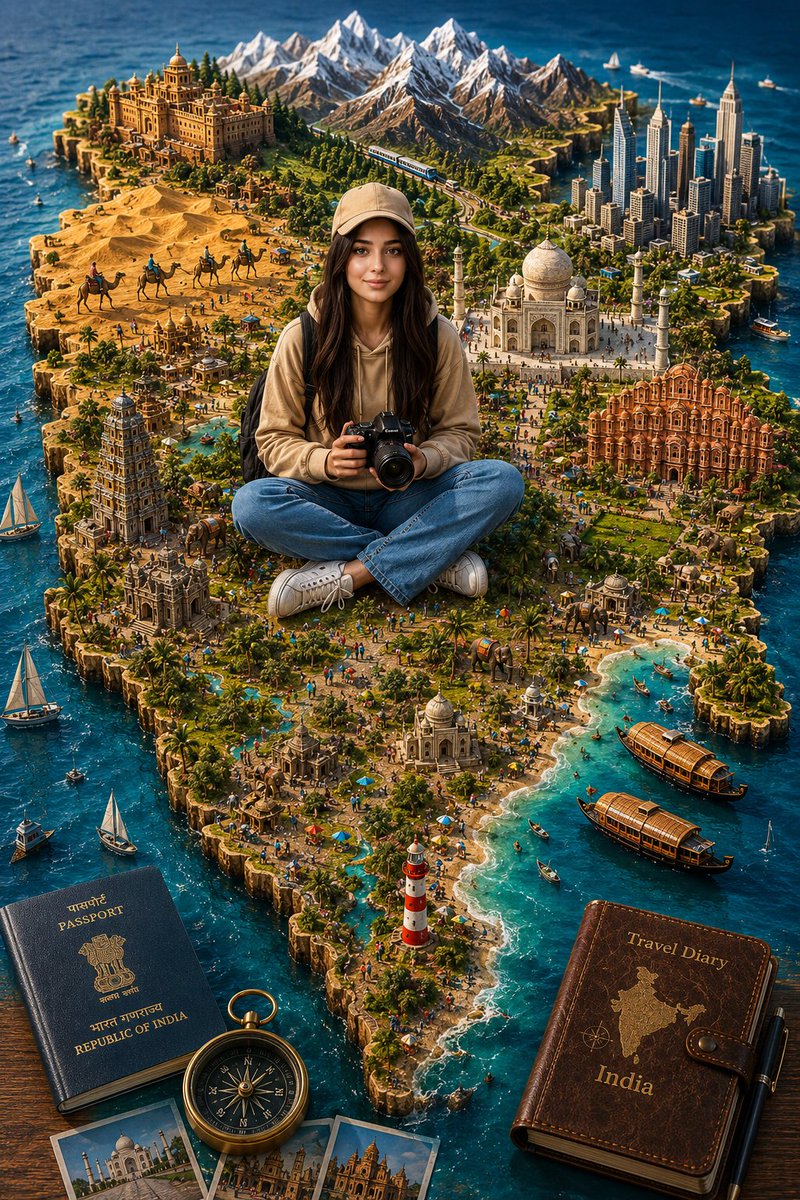一个高度精细的印度3D微缩旅行立体模型，造型为一块逼真的浮雕地图，周围环绕着清澈见底的水域。一位神情欢快的年轻女性旅行摄影师盘腿坐在地图中央，手持一台专业单反相机，身着米色连帽衫…