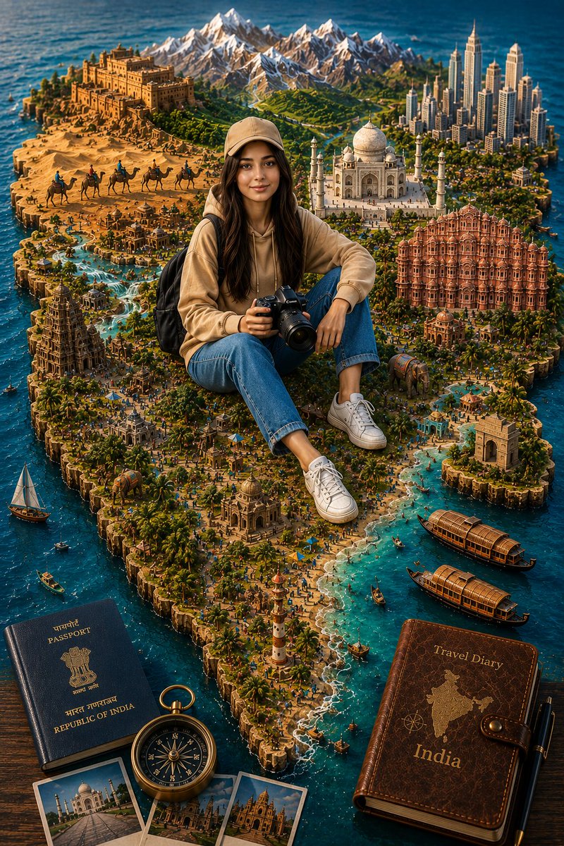 一个高度精细的印度3D微缩旅行立体模型，造型为一块逼真的浮雕地图，周围环绕着清澈见底的水域。一位神情欢快的年轻女性旅行摄影师盘腿坐在地图中央，手持一台专业单反相机，身着米色连帽衫…
