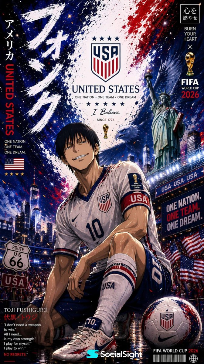 为2026年在美国举办的国际足球锦标赛创作一幅超精细的动漫体育海报。 一位自信的动漫风格男性足球队队长以强而有力的蹲姿坐在前景,身穿现代美国国家队球衣,号码为10,佩戴队长袖标…