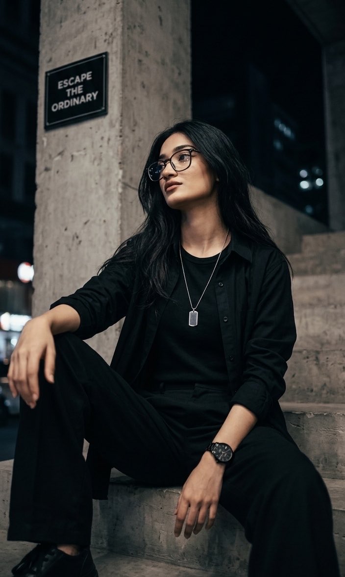 超写实电影感人像肖像:一位年轻女性戴着眼镜,夜晚随意地坐在城市混凝土楼梯上,身穿全黑造型,包括一件黑色敞开式纽扣衬衫,内搭黑色圆领T恤,下身着宽松黑色长裤。深色凌乱发丝柔和地自然…