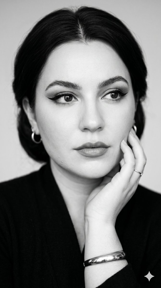{ "image_type": "black_and_white_editorial_portrait", "creative_direction": { "…