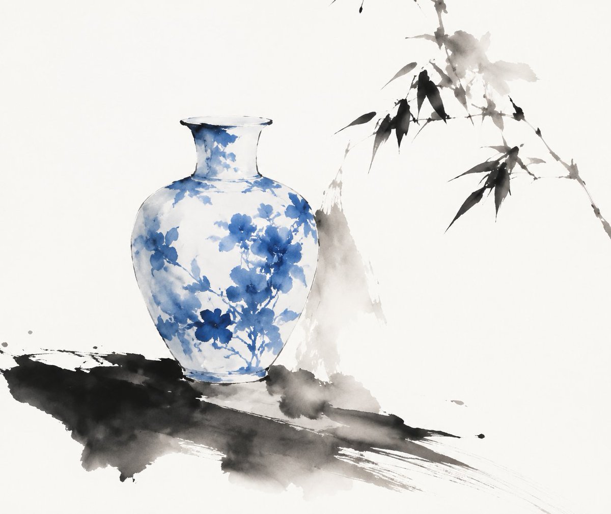传统中国水墨风格的青花瓷瓶诠释,表现力十足的水墨笔触,柔和的渐变,诗意般的简约,极简主义的构图,大面积留白,con…… 由 @lovimg_com 创作 https://t.co…