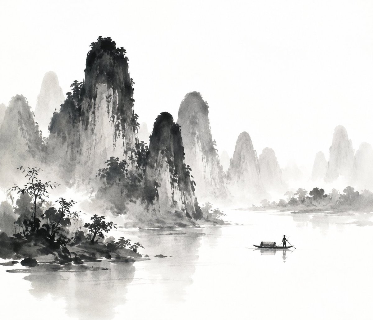 桂林山水的中国传统水墨画诠释,表现性的黑色墨水笔触,柔和的渐变,诗意的简约,极简主义的构图,大面积留白,con… 由 @lovimg_com 创建 https://t.co/05…