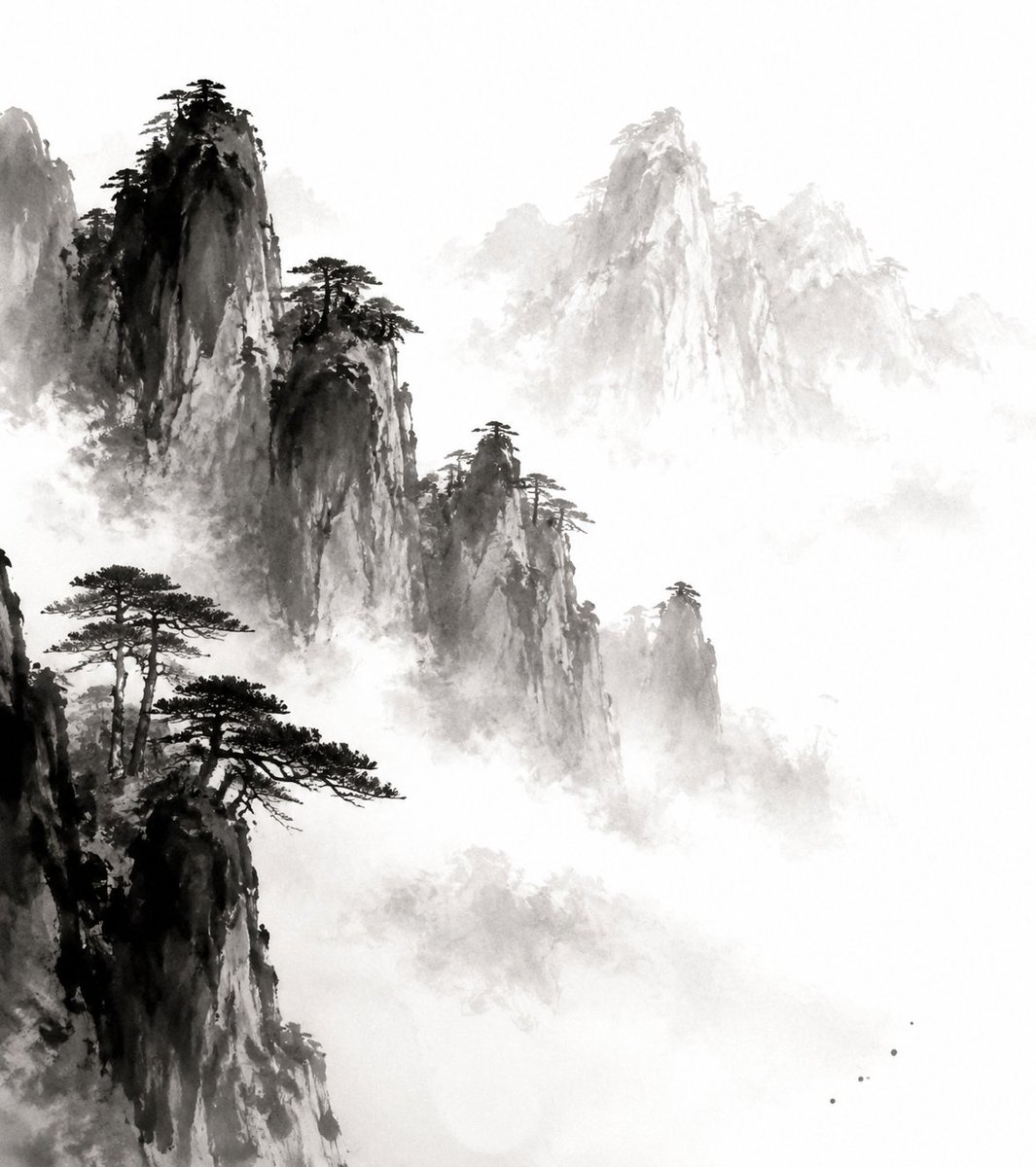 中国传统水墨对 水墨黄山 的诠释,表现性的黑色墨笔触,柔和的渐变,诗意的简约,极简构图,大面积留白,con…… 由 @lovimg_com 创作 https://t.co/INI…