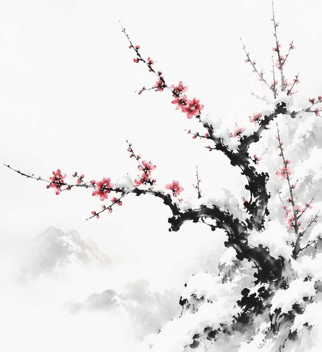 对中国传统水墨画中“雪中寒梅”的诠释，表现性的黑色墨笔触，柔和的渐变，诗意的简约，极简的构图，大面积的留白，意… 由 @lovimg_com 创建 https://t.co/Ua…