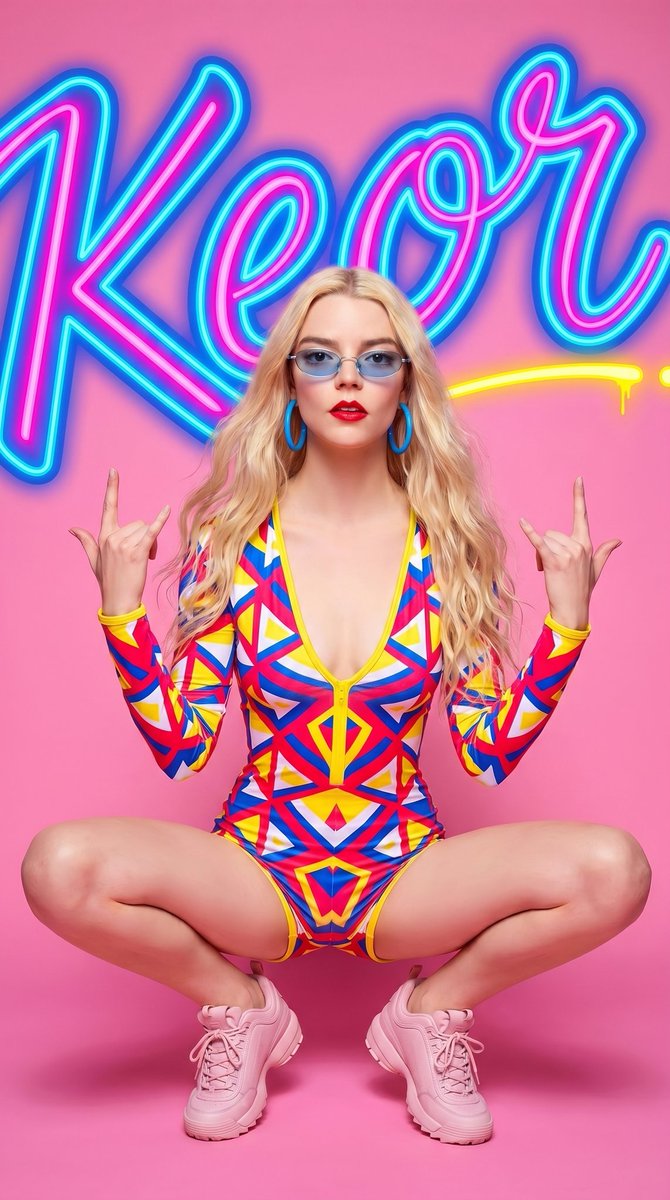 一张高度细致的全身影棚人像照,画面中是一位自信的年轻女性,皮肤白皙,长而波浪状的浅色（金色）长发披肩垂落,戴着一副小型淡蓝色椭圆形墨镜,佩戴大号亮蓝色圆圈耳环,涂着鲜艳的红色口红…