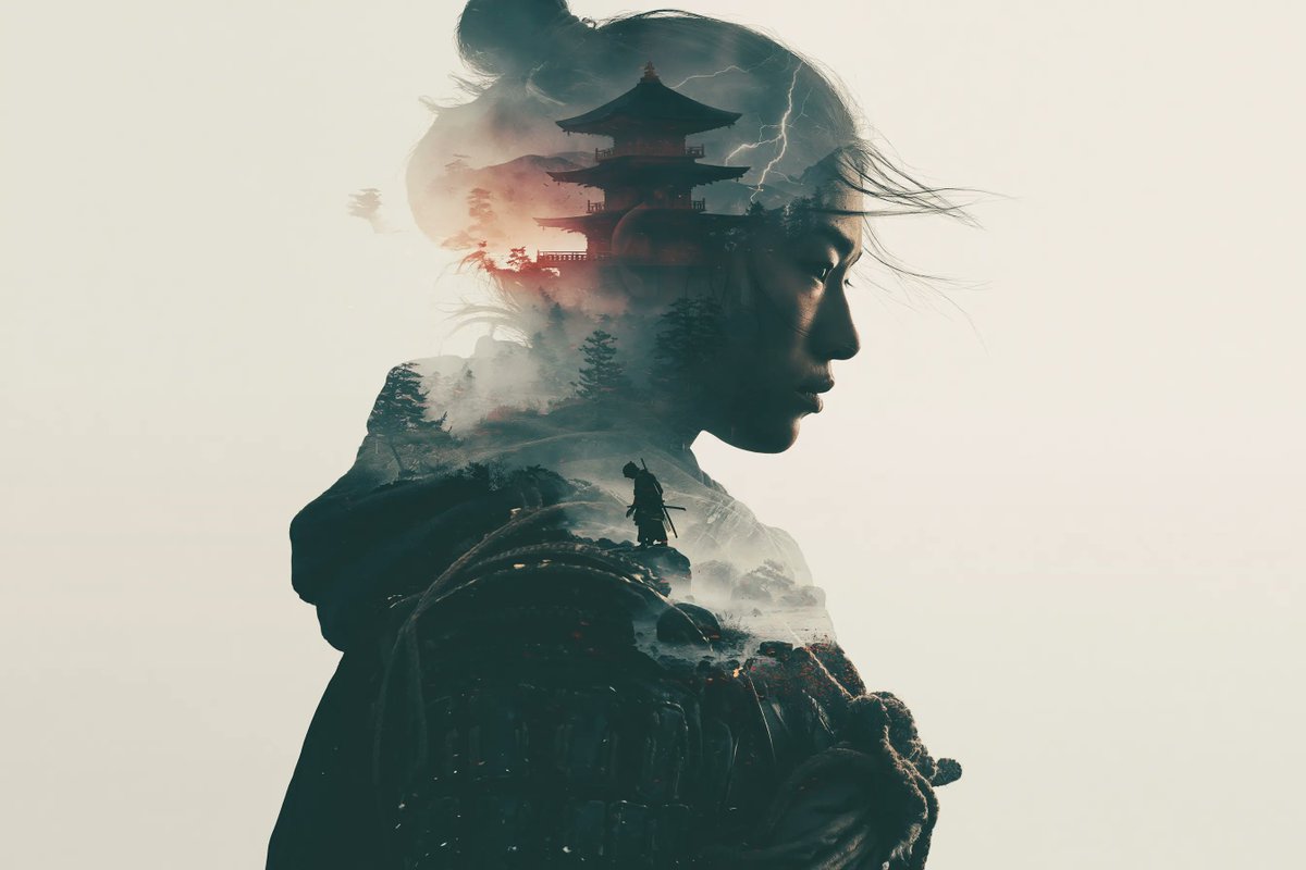 一幅双重曝光艺术作品，以[主体]为特色，与[次要场景]无缝融合。精巧的层次堆叠，透明的叠加层，和谐的构图，氛围感深度，电影级光效，丰富的细节，象征性的叙事，元…