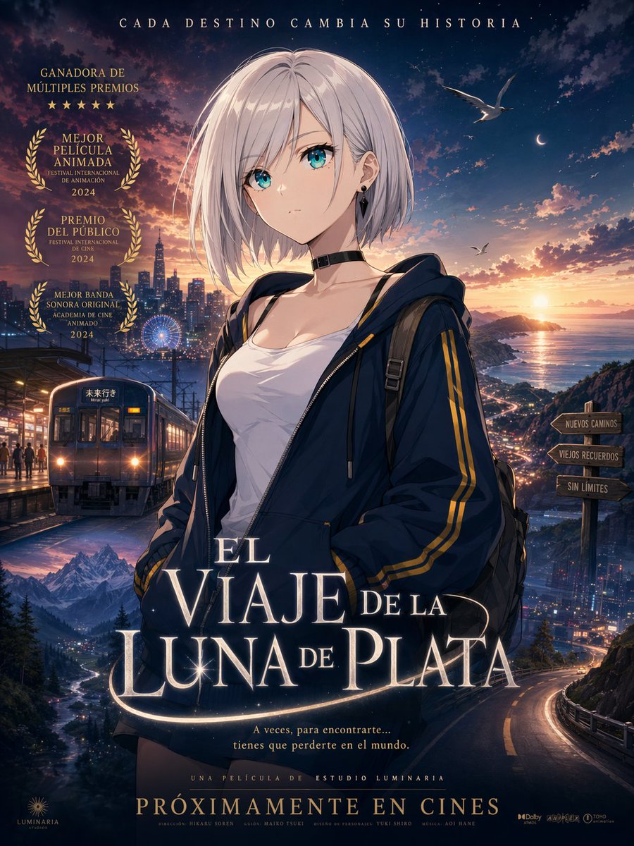 https://t.co/A0XywaDSOU 电影感动漫电影海报,虚构电影名为《EL VIAJE DE LA LUNA DE PLATA》,采用精致的现代日…
