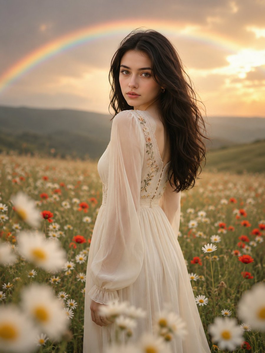 一位美丽的年轻女子,留着浓密蓬松的黑色长卷发,回眸时露出温柔的微笑。她身穿一条优雅的奶油色飘逸长裙,肩部采用透明的泡泡袖设计,裙身上衣部分绣有精致的花卉图案。她(umair)站立…