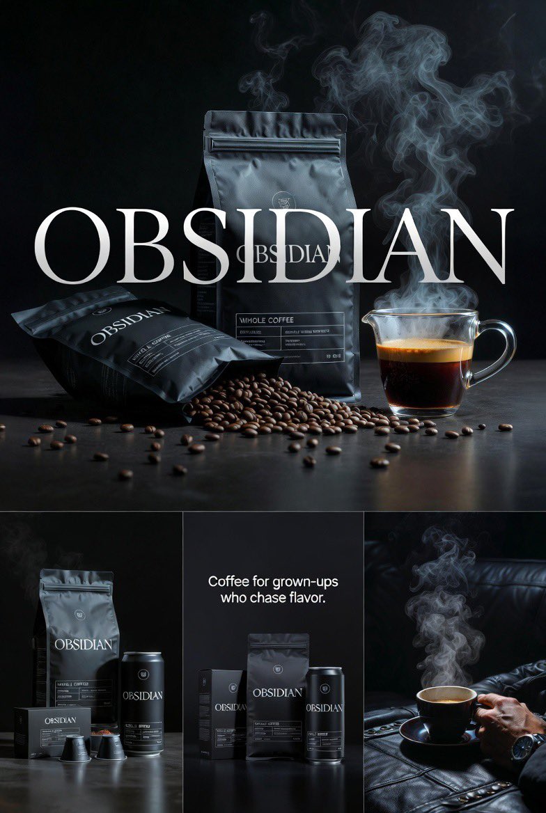 https://t.co/OQdQgFhUSJ 提示: 为 OBSIDIAN 咖啡品牌生成四张风格统一的、高端的、写实风格的编辑级视觉画面。电影感、暗黑、成熟的审美风格,灵感来自…