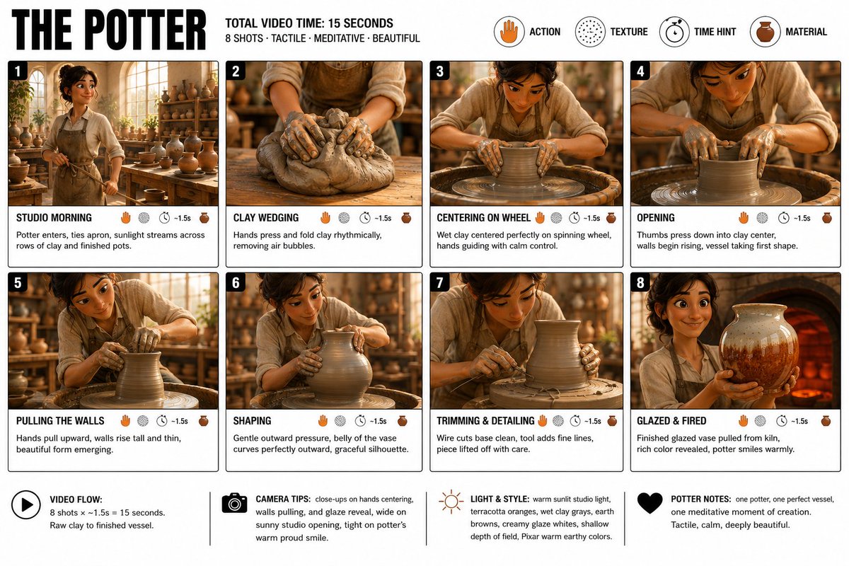 为《陶艺师》(THE POTTER) 制作一张清晰整洁的信息图故事板海报。宽幅 16:9 布局，白色背景，黑色边框，粗体黑色字体，顶级皮克斯 3D 风格化渲染…