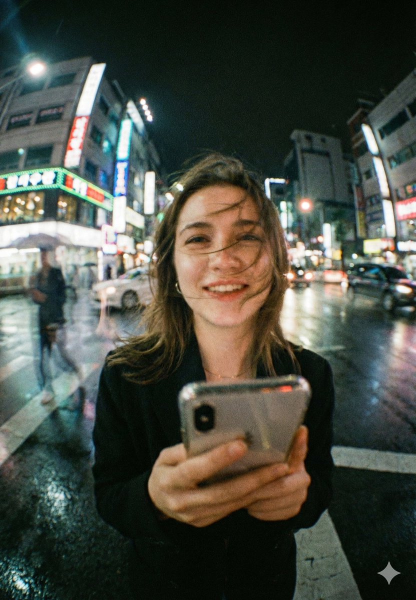 电影感夜间街拍人像,4:5 比例,超高品质。年轻女子站在小雨后的城市十字路口,地面湿润反光,背景是霓虹灯照亮的建筑。她把智能手机举到靠近镜头的位置,自然温暖的微笑,头发被风吹过脸…