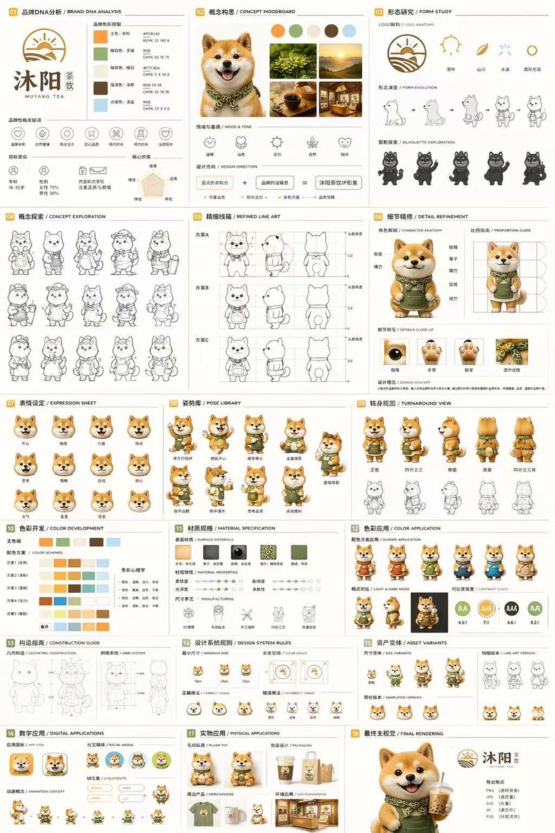 { "type": "18-section complete brand identity and mascot design sheet", "brand": { "name"…
