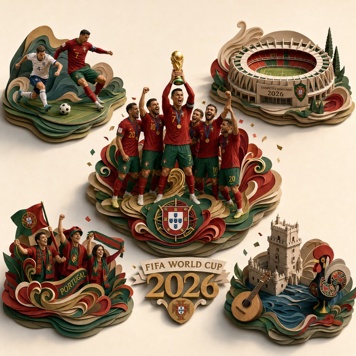 史诗般的 2026 年 FIFA 世界杯 [COUNTRY] 夺冠庆祝场景,转化为独一无二的超精细 3D 分层纸质雕塑立体场景模型,方形构图,宽高比 1:1。“FIFA Worl…