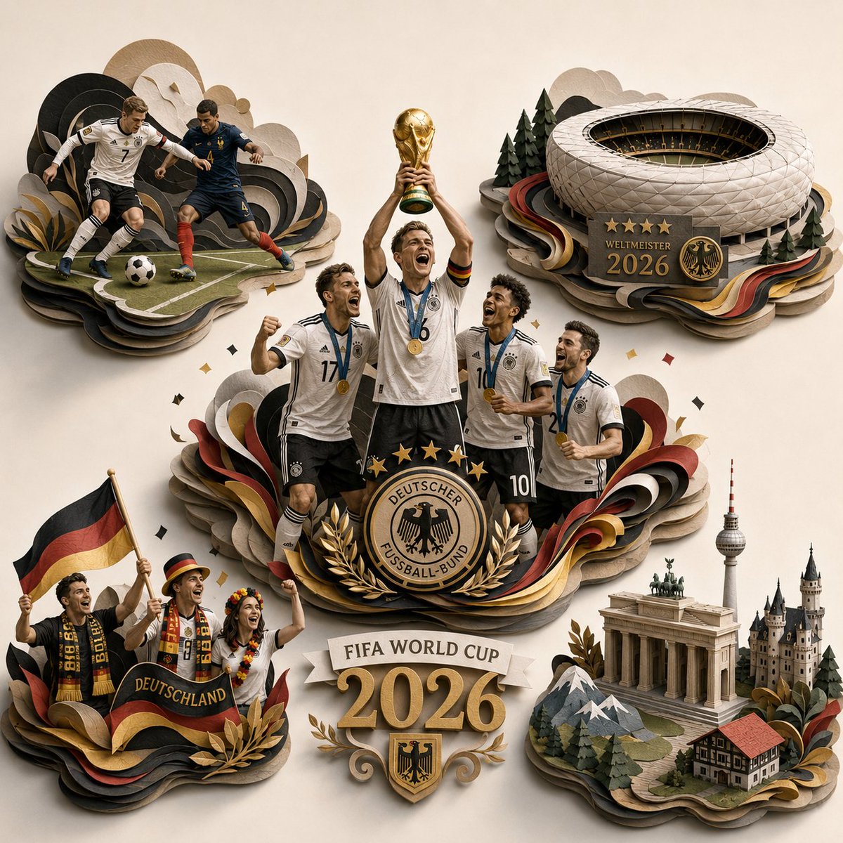 史诗般的 2026 年 FIFA 世界杯 [COUNTRY] 夺冠庆祝场景,转化为独一无二的超精细 3D 分层纸质雕塑立体场景模型,方形构图,宽高比 1:1。“FIFA Worl…