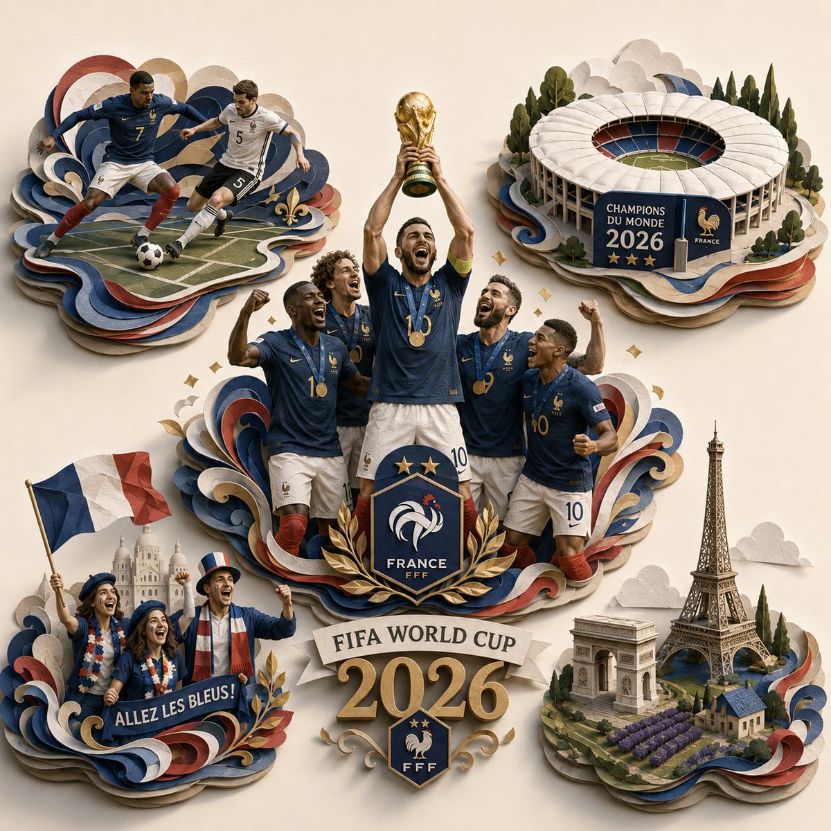 史诗般的 2026 年 FIFA 世界杯 [COUNTRY] 夺冠庆祝场景,转化为独一无二的超精细 3D 分层纸质雕塑立体场景模型,方形构图,宽高比 1:1。“FIFA Worl…