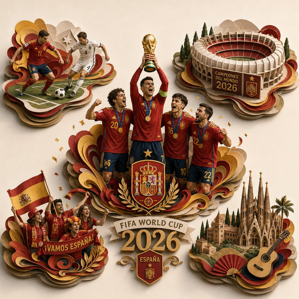 史诗般的 2026 年 FIFA 世界杯 [COUNTRY] 夺冠庆祝场景,转化为独一无二的超精细 3D 分层纸质雕塑立体场景模型,方形构图,宽高比 1:1。“FIFA Worl…