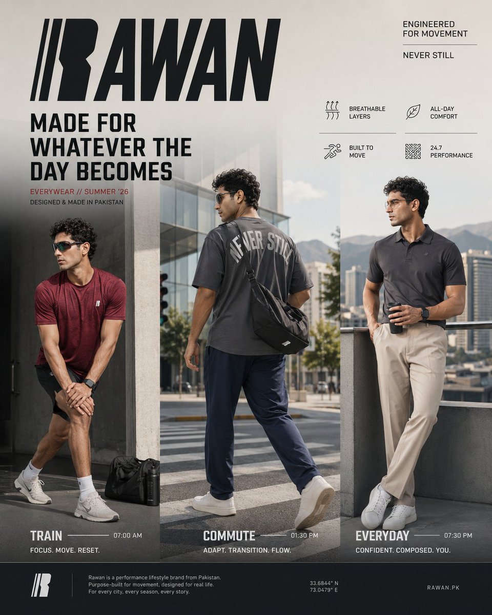 创作一张 4:5 比例的高端 Rawan 巴基斯坦 campaign 海报。 品牌概念："MADE FOR WHATEVER THE DAY BECOMES."（为一天可能成为的…