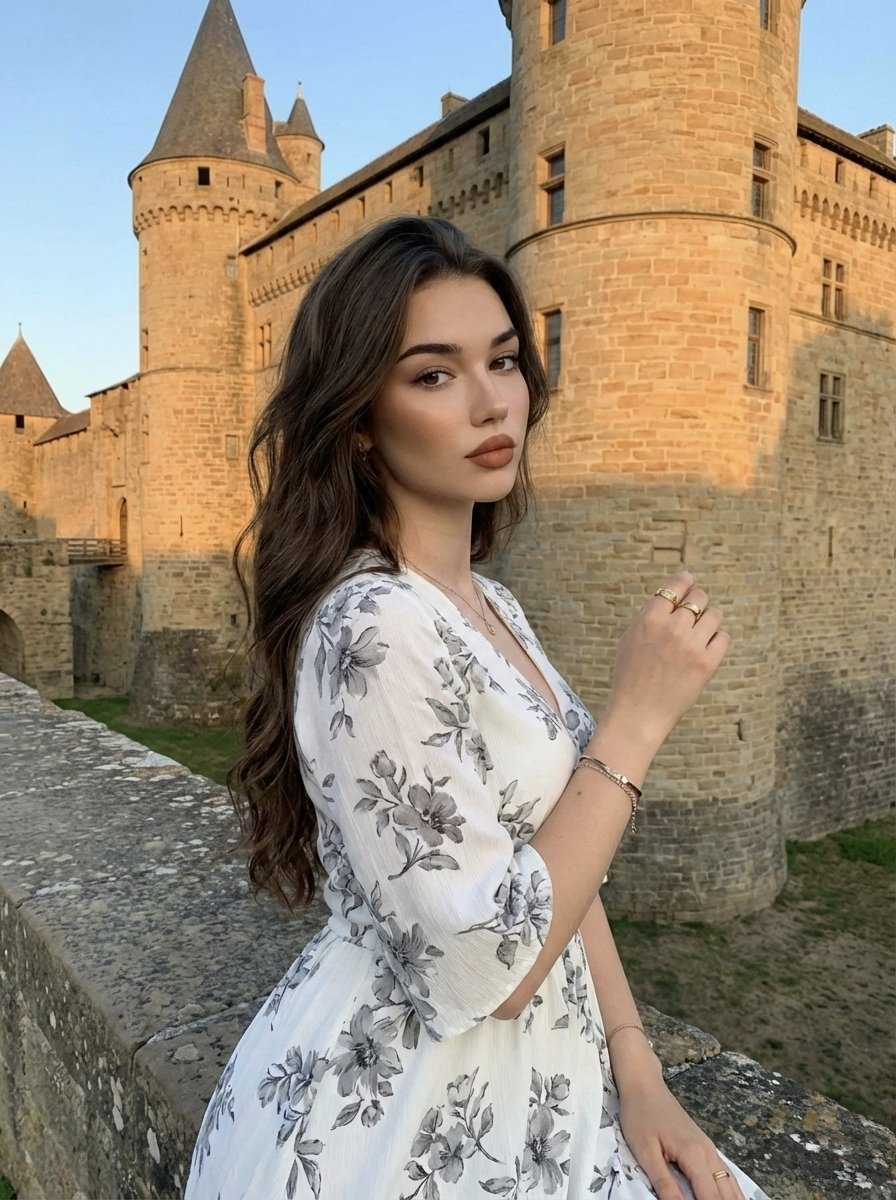 电影感旅行人像：一位年轻女性，留着长长的波浪状深棕色头发，侧身坐在一座历史悠久的金黄砂岩堡垒的宽阔质感石台上，神情平静自信地直视镜头。她身穿一条优雅的白色夏日连衣裙，饰有精致的灰…