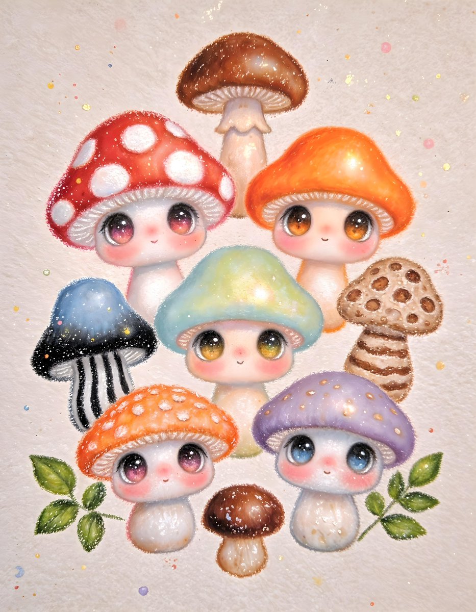 一幅富有奇趣的插画，描绘了各种各样的卡通蘑菇，它们有着富有表现力的面孔，背景为纯色。这些蘑菇的形状、大小和颜色各异，包括红底白点的、橙色的、棕色的以及蓝色菌盖…