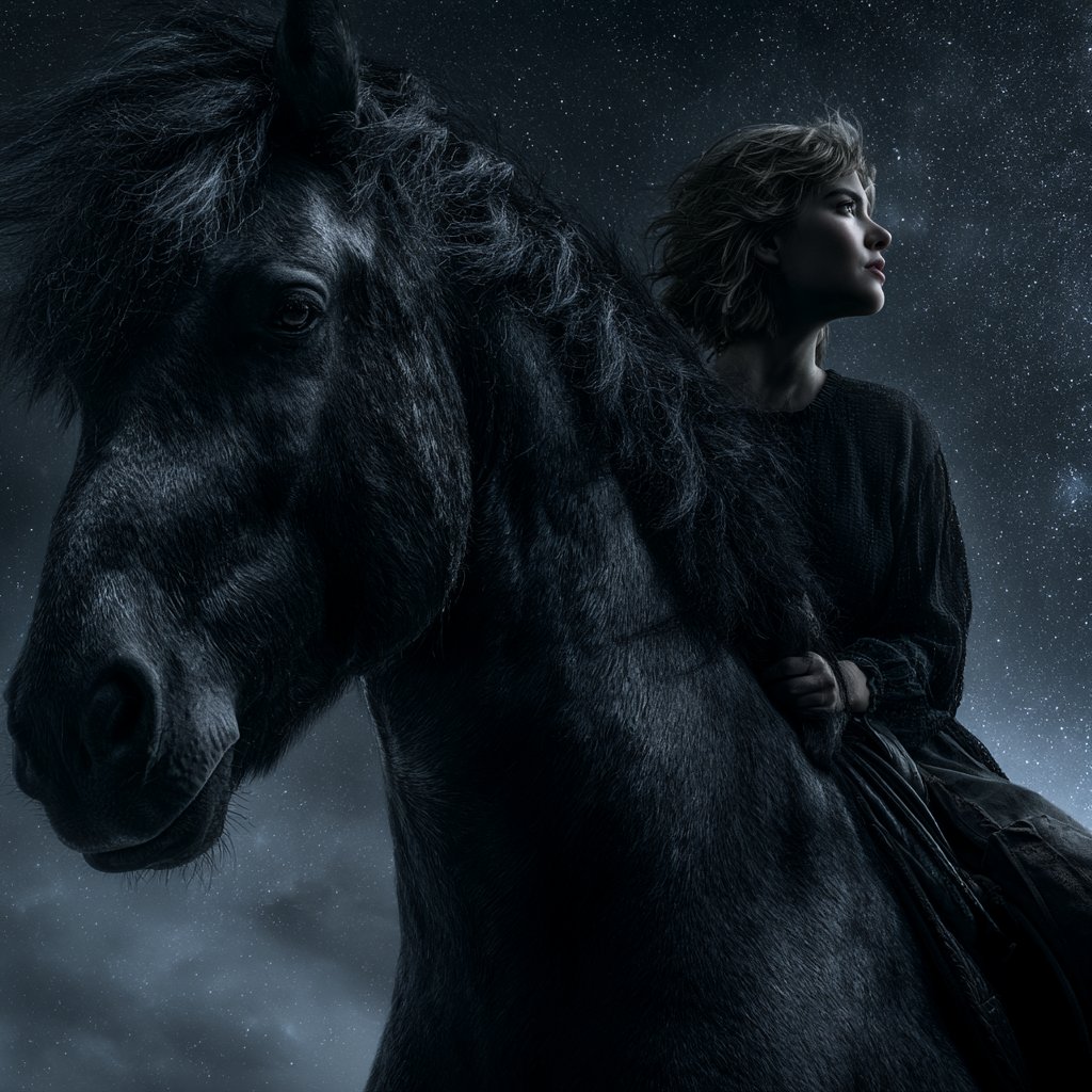 特写电影感肖像，年轻微笑的女士骑在一匹雄壮的黑马背上，跨坐在可见的马鞍上，骑手躯干清晰位于马背之上，双手轻轻搭在鬃毛中，骑手与马均面朝前方眺望远方，目光对齐地平线，神情平静而坚定…