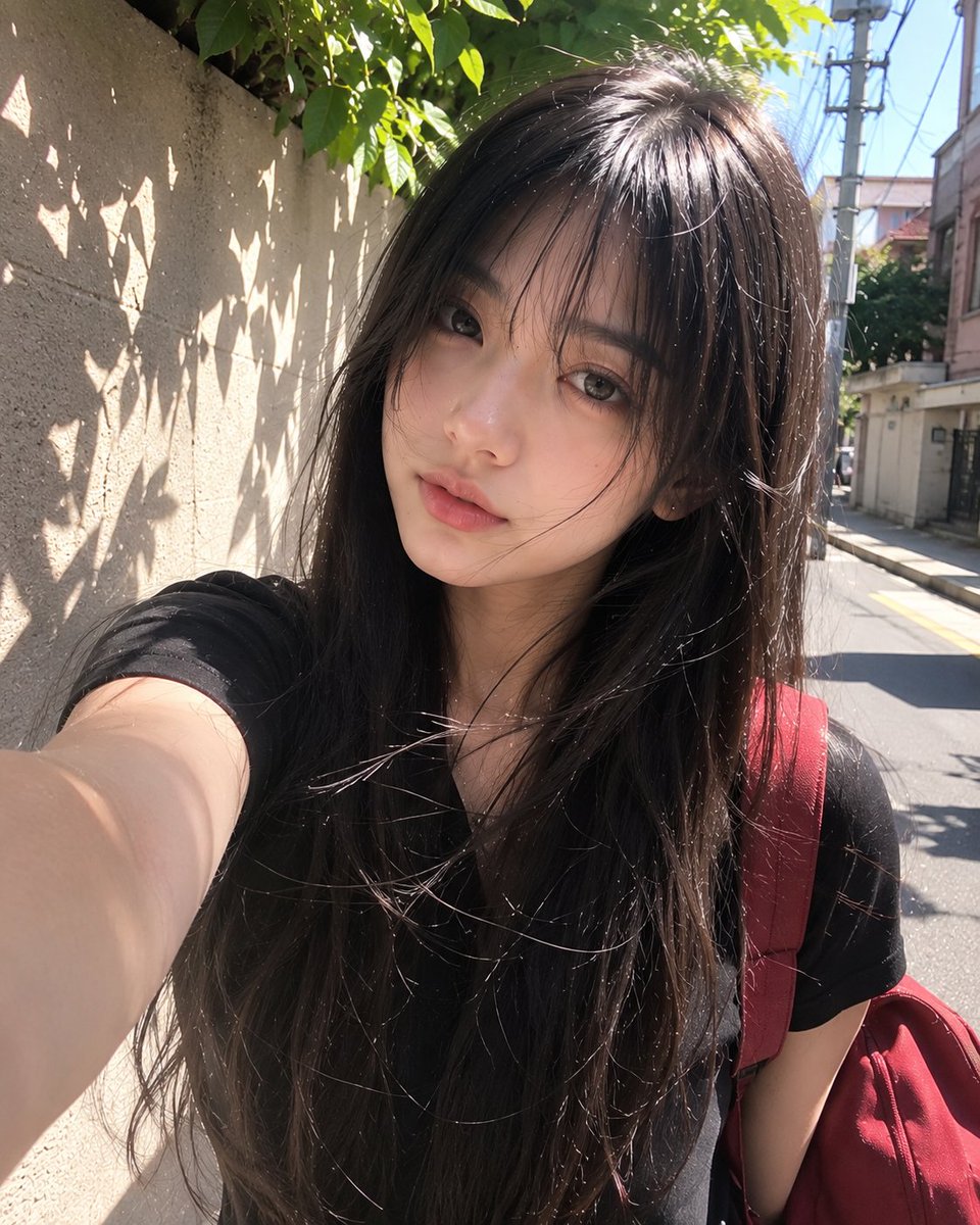 美丽年轻的日本女孩，留着柔顺的长黑发和柔和蓬松的刘海，拥有一双大而有神的深色眼睛、白皙发光的肌肤、精致细腻的五官、自然的粉色嘴唇、淡淡的腮红，神情平静而纯真。身穿一件合身的黑色T…