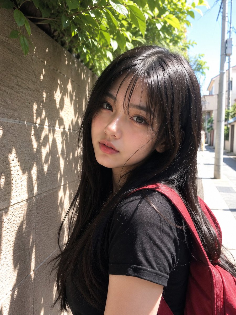 美丽年轻的日本女孩，留着柔顺的长黑发和柔和蓬松的刘海，拥有一双大而有神的深色眼睛、白皙发光的肌肤、精致细腻的五官、自然的粉色嘴唇、淡淡的腮红，神情平静而纯真。身穿一件合身的黑色T…