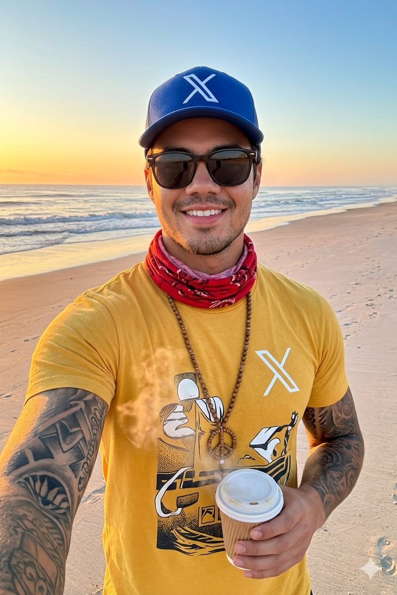 清晨的活力 ✨ 🌅 宁静、海风与一杯新鲜咖啡。 ✌️ Google gemini 提示词分享： "一张高品质专业拍摄的自拍照，一位粗犷、微笑的年轻男子，手臂上…