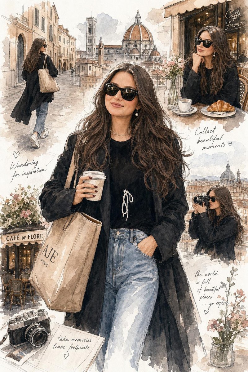 优雅的水彩时装插画,一位时尚年轻女性正在探索风景如画的欧洲城市与温馨咖啡馆,柔和的手绘水彩质感,富于表现力的钢笔速写轮廓,飘逸的深色长卷发,时髦的 Oversized 廓形夹克…