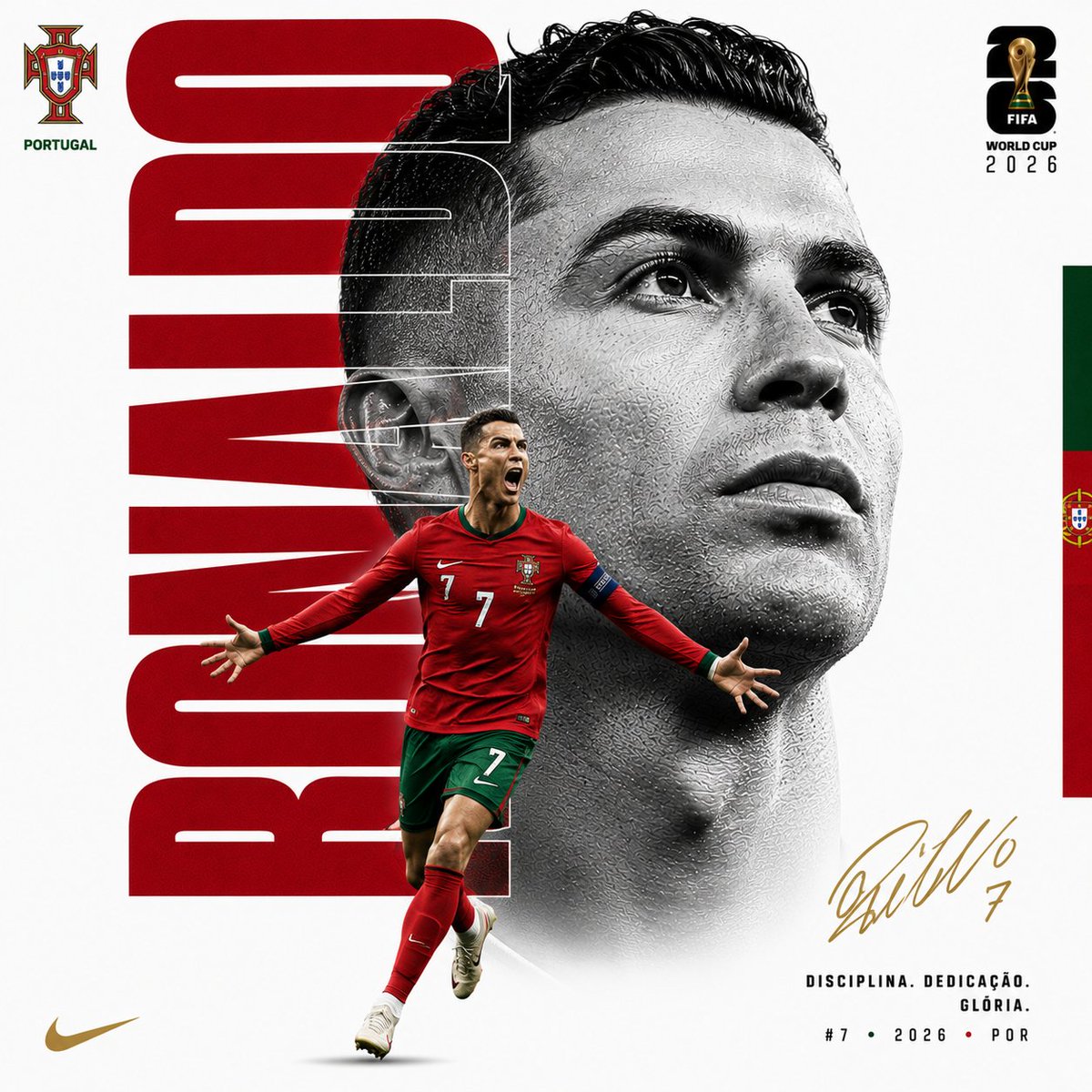 创作一张奢华版 FIFA 世界杯编辑风格海报。纯白背景。不要体育场、不要观众、不要烟雾、不要杂乱背景。极简奢华运动海报。1:1 长宽比。 字体图层 —— 位于肖像后方： 巨型纵向…