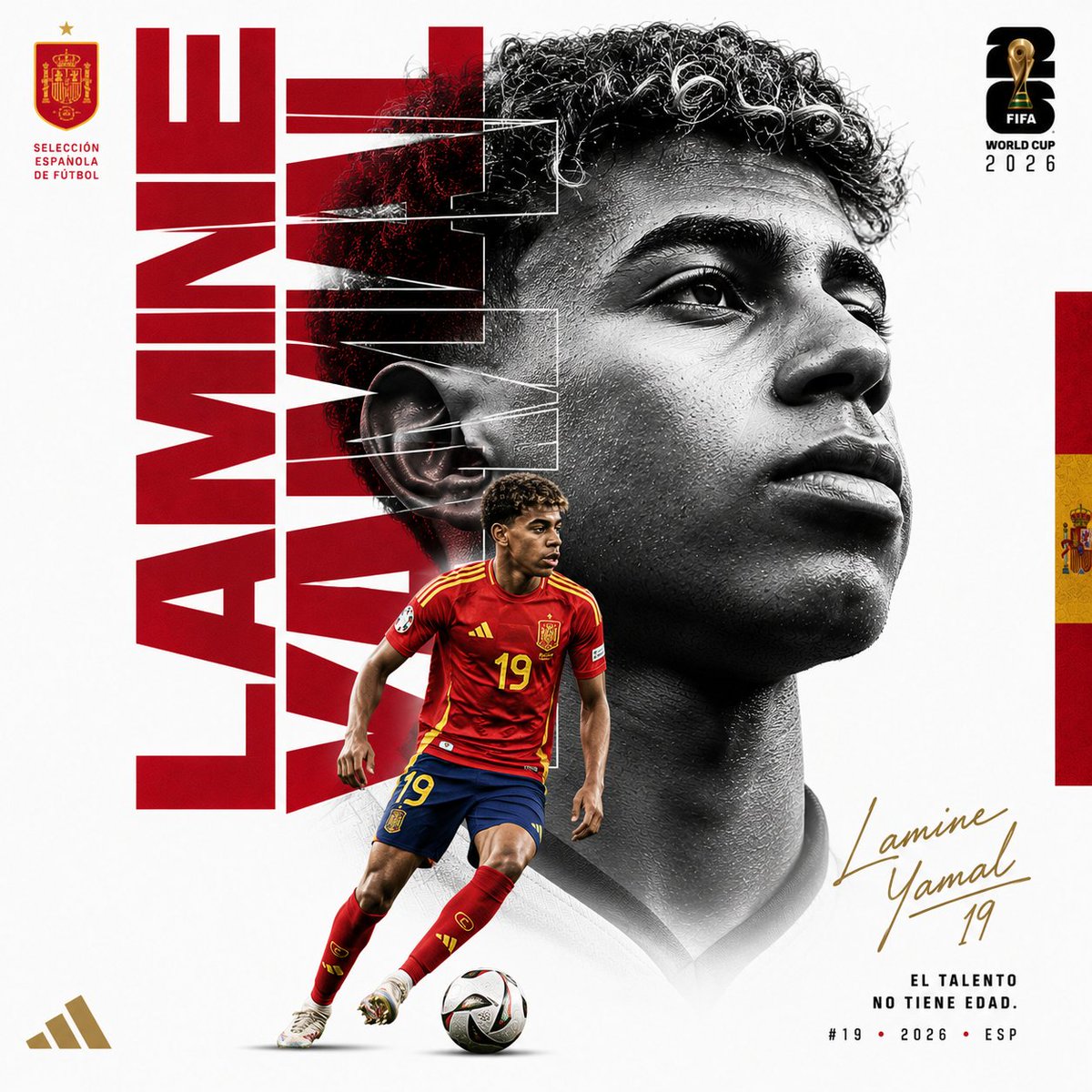 创作一张奢华版 FIFA 世界杯编辑风格海报。纯白背景。不要体育场、不要观众、不要烟雾、不要杂乱背景。极简奢华运动海报。1:1 长宽比。 字体图层 —— 位于肖像后方： 巨型纵向…