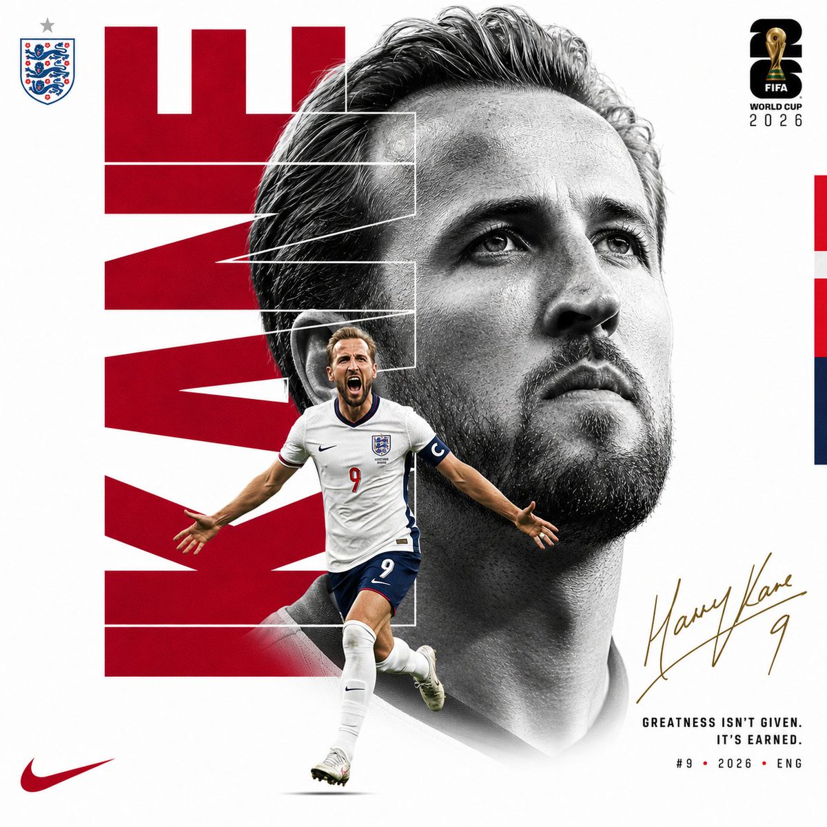 创作一张奢华版 FIFA 世界杯编辑风格海报。纯白背景。不要体育场、不要观众、不要烟雾、不要杂乱背景。极简奢华运动海报。1:1 长宽比。 字体图层 —— 位于肖像后方： 巨型纵向…