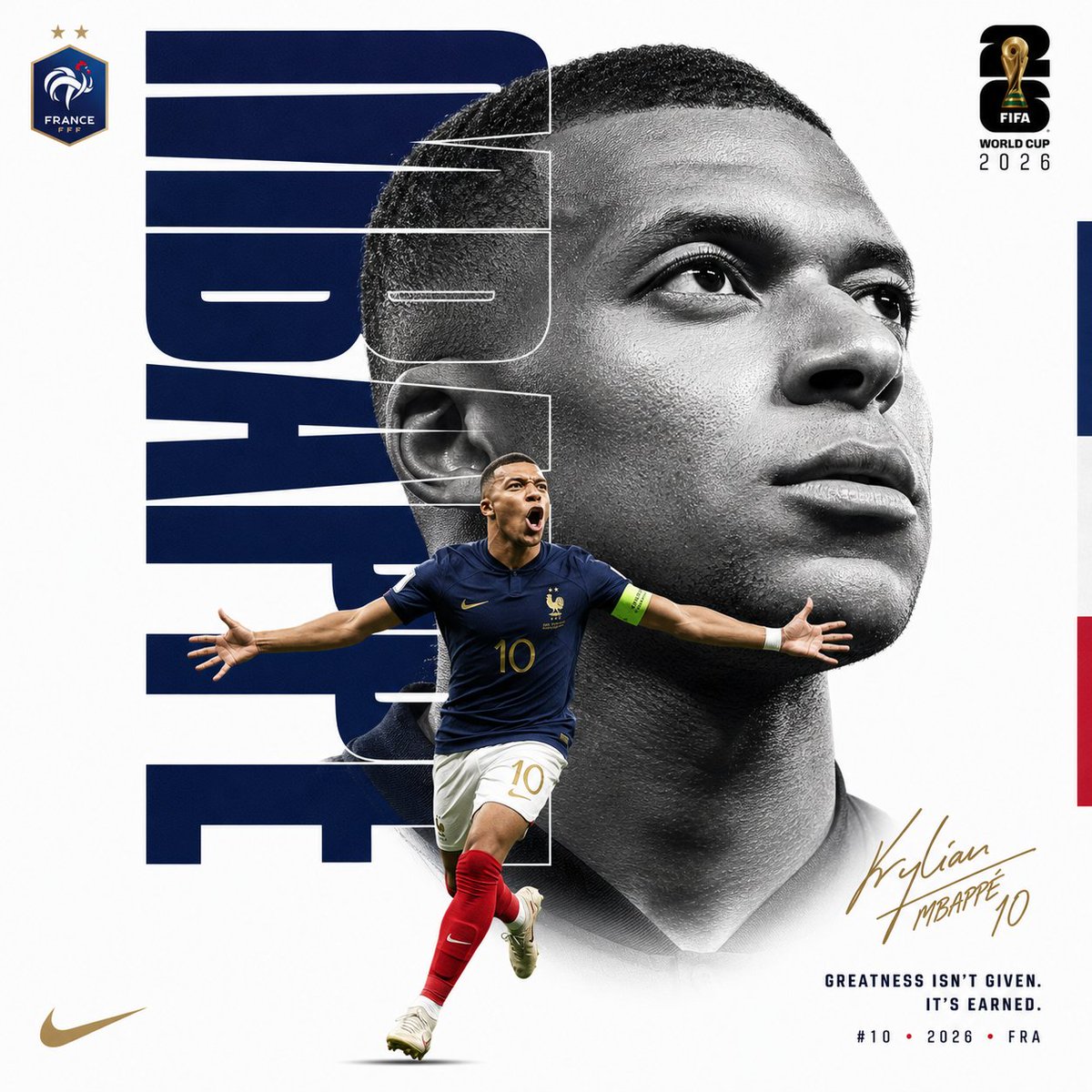 创作一张奢华版 FIFA 世界杯编辑风格海报。纯白背景。不要体育场、不要观众、不要烟雾、不要杂乱背景。极简奢华运动海报。1:1 长宽比。 字体图层 —— 位于肖像后方： 巨型纵向…