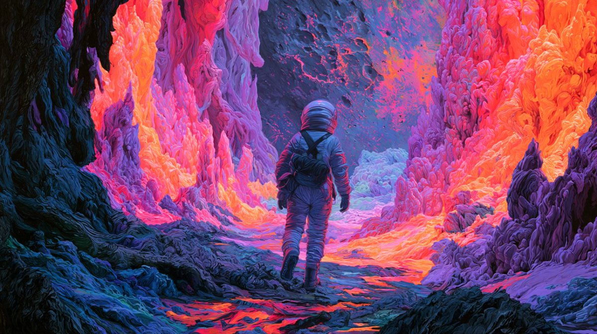 混合媒介，描绘一位孤独的探险者身穿时尚的高科技太空服，行走在一颗流浪卫星的洞穴中，四周环绕着高耸的、发光发亮的矿物结晶体，反射出明亮、大胆、美丽、对比鲜明的霓…