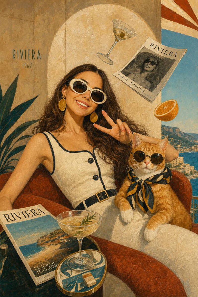 超现实中世纪编辑风格插画,画面中是照片中的人物和一只时髦的猫置身于奢华的1960年代里维埃拉酒廊,修长的身形比例,超大配饰,面无表情,精致荒诞,漂浮的物件,温暖的赤陶色、汽油蓝与…