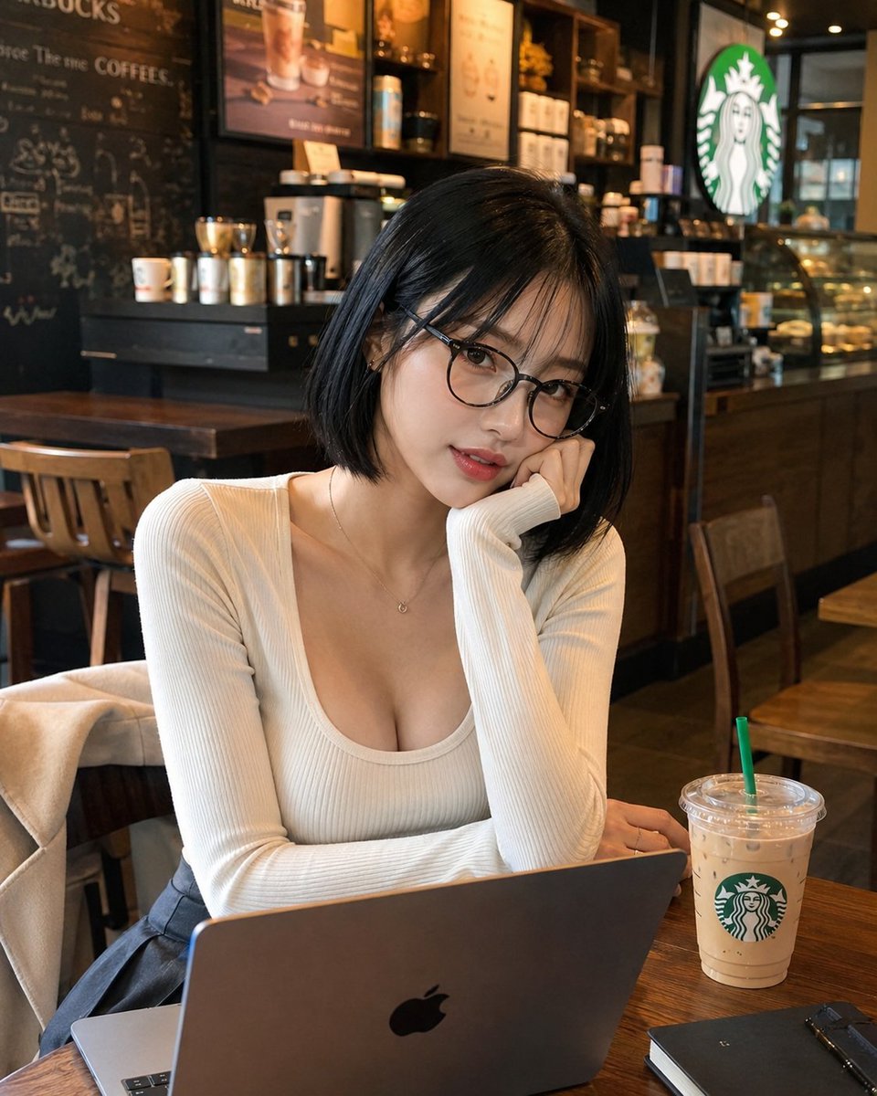 一位性感迷人的20岁日本或韩国人，黑色的复古波波头发型，戴着深色圆框眼镜，在星巴克里，面前放着笔记本电脑和饮料，营造出一种知性休闲的氛围 https://t.…