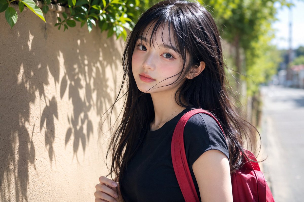 美丽的年轻日本女孩,留着柔顺的黑色长发和柔软的碎刘海,大而富有表现力的深色眼睛,白皙发光的肌肤,精致的脸部轮廓,自然的粉嫩双唇,淡淡的腮红,神情平静而纯真。身穿一件修身的黑色T恤…