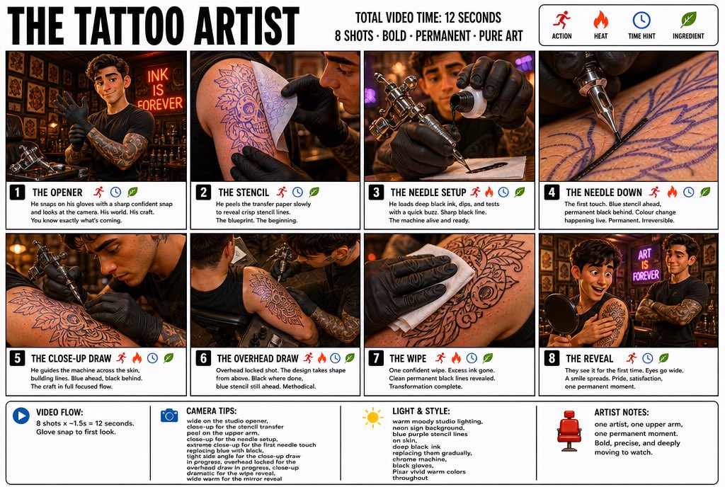 “为《THE TATTOO ARTIST（纹身师）》制作一张清晰、简洁的信息图式分镜海报。宽幅16:9布局，白色背景，黑色边框，醒目的黑色字体，顶级皮克斯3D…