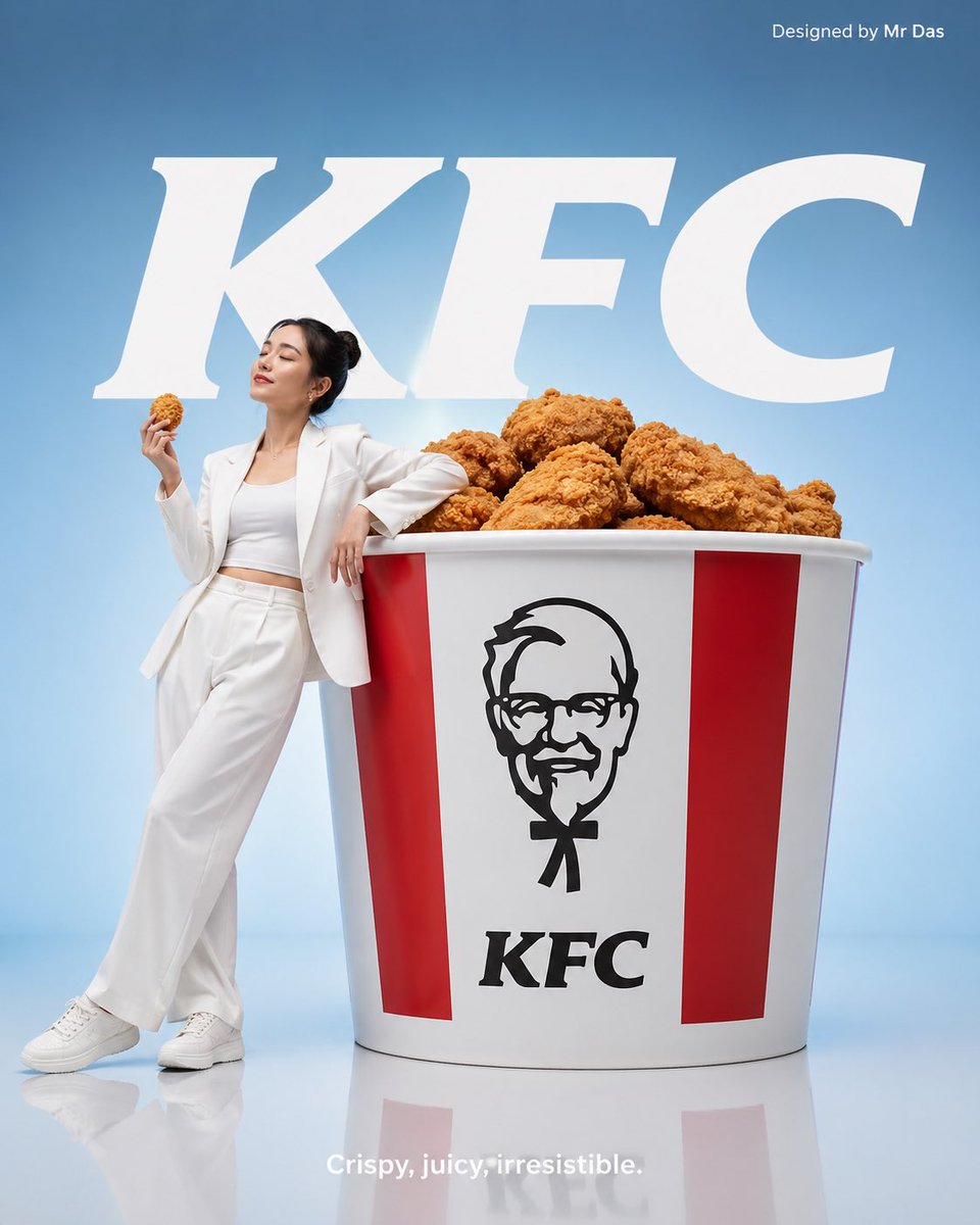 极简风格的纯净产品广告，以一个巨型肯德基(KFC)全家桶作为视觉主体。一位身穿纯白色服装的年轻女子站在超大尺寸的桶旁,姿势放松随意,双眼微闭,手中拿着一块炸鸡。柔和的蓝色渐变背景…