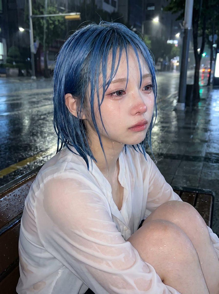 以上传的人像照片作为人物面部、发型、面部结构、肤色以及整体气质方面的身份参考。 请创作一张高质量、写实且具有电影感的人像作品，呈现同一个人夜晚在户外雨中美丽地…