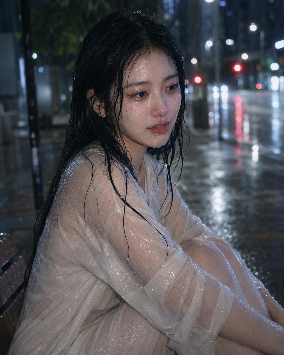 以上传的人像照片作为人物面部、发型、面部结构、肤色以及整体气质方面的身份参考。 请创作一张高质量、写实且具有电影感的人像作品,呈现同一个人夜晚在户外雨中美丽地哭泣,呈现出真实的韩…