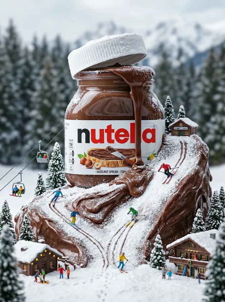 https://t.co/2UCofBJpvI 提示词: 以巨型 Nutella(能多益)榛果巧克力酱罐为中心构建的电影感微缩冬季世界,浓稠的巧克力榛果酱流淌而出,形成光滑如镜的…