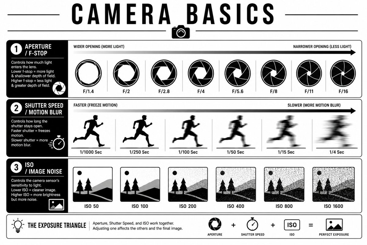 在白色背景上创建一个干净的、黑白相间的教育信息图，标题为CAMERA BASICS（相机基础）。顶部使用粗体大写字体，字距加宽。 信息图设计分为三个清晰的水平…