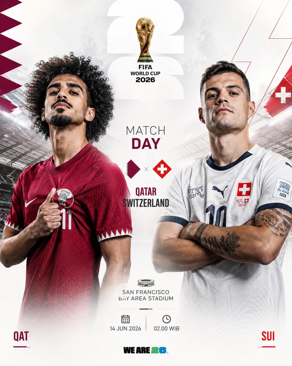 创作一张高端的2026年国际足联世界杯（FIFA World Cup 2026）比赛日宣传海报，采用现代体育营销风格。 竖版4:5构图。干净的白色和浅灰色背景，体育场建筑在两侧微…