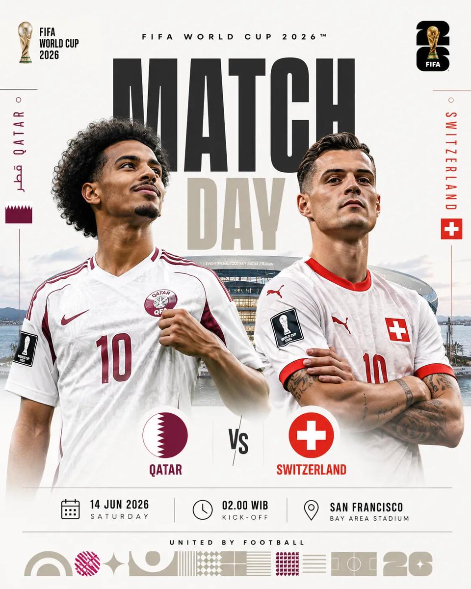 创作一张高端的2026年国际足联世界杯（FIFA World Cup 2026）比赛日宣传海报，采用现代体育营销风格。 竖版4:5构图。干净的白色和浅灰色背景，体育场建筑在两侧微…