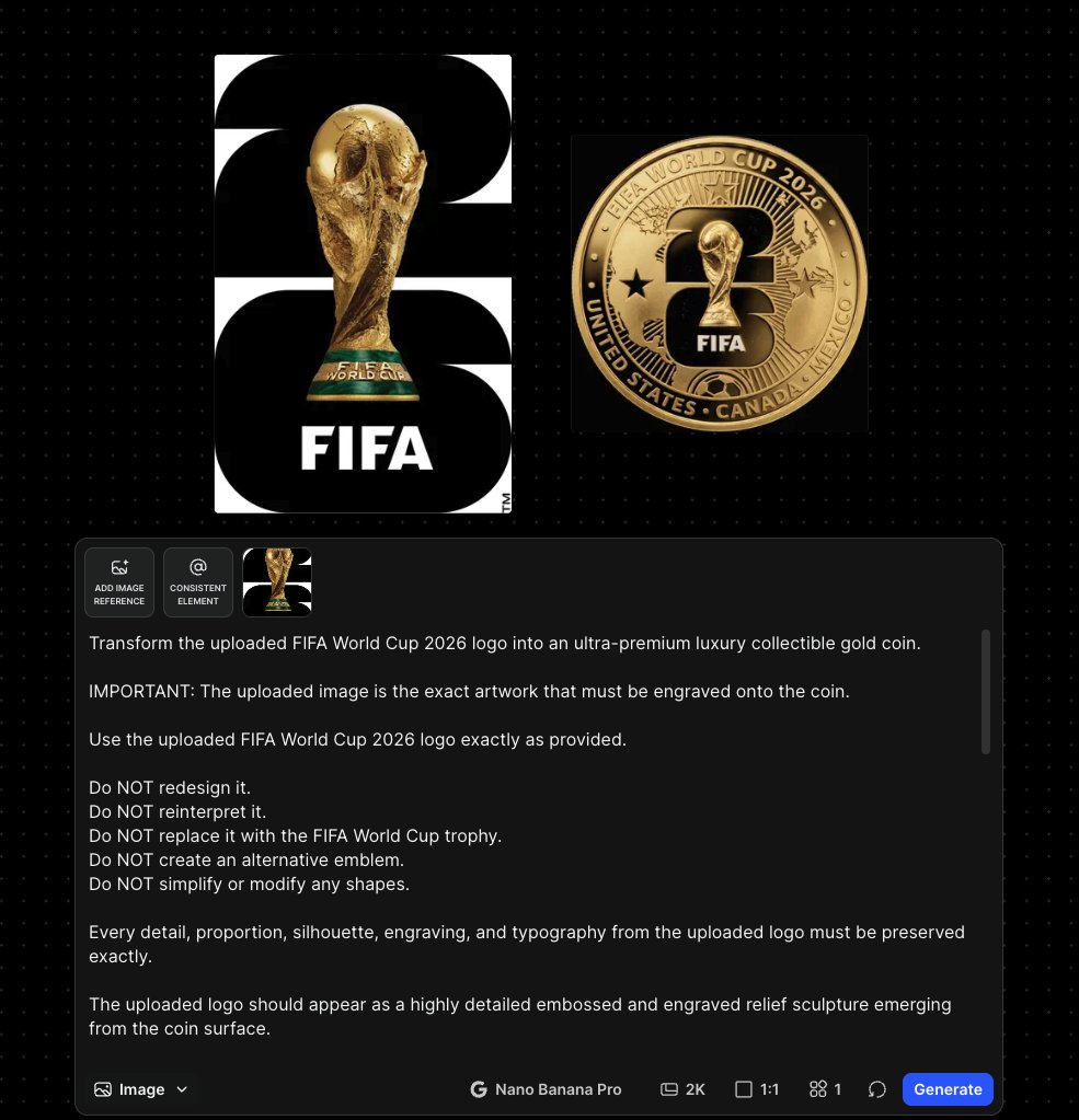 将上传的 2026 年 FIFA 世界杯标志打造成一款超高端奢华收藏级金币。 重要提示:上传的图片是必须雕刻在硬币上的确切图案。 请完全按照所提供的样子使用上传的 2026 年…