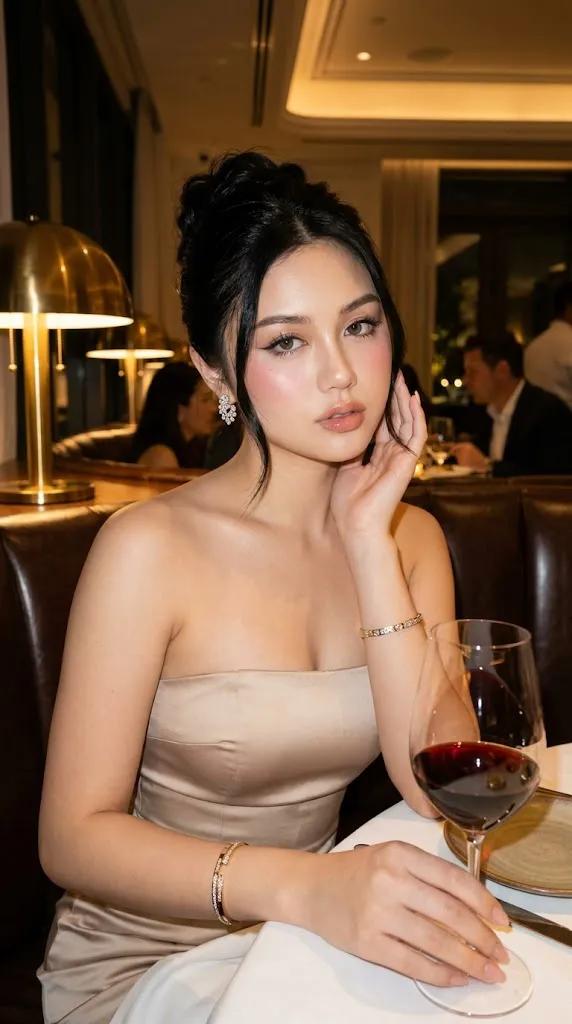 超现实优雅晚宴人像,一位女士坐在豪华餐厅的卡座里,气质高雅,瓷肌无瑕泛着自然光泽,精致的高发髻发型配以柔和的修饰脸型的发丝,妆容细腻,眼神灵动,淡淡的粉色腮红,唇色光泽亮丽,身穿…