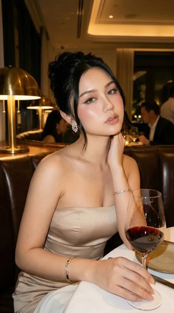 超现实优雅晚宴人像,一位女士坐在豪华餐厅的卡座里,气质高雅,瓷肌无瑕泛着自然光泽,精致的高发髻发型配以柔和的修饰脸型的发丝,妆容细腻,眼神灵动,淡淡的粉色腮红,唇色光泽亮丽,身穿…