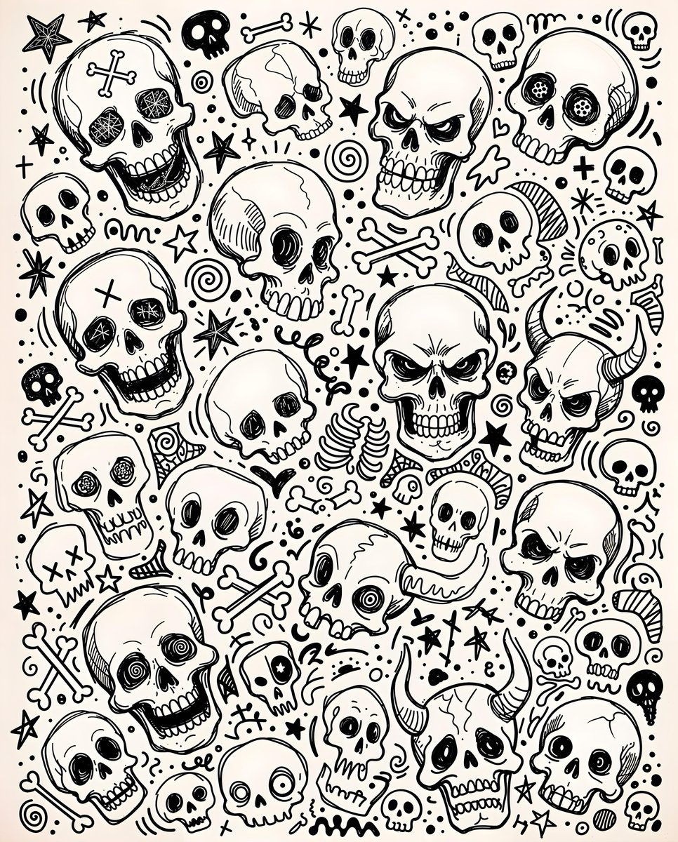 一幅黑白手绘涂鸦风格的插画,在白色背景上杂乱地排列着各种形状和大小的骷髅头。有些骷髅头是完整的,带有眼窝和牙齿,而其他则是碎片化或抽象的。骷髅头之间散布着小巧的程式化骨头、星星图…